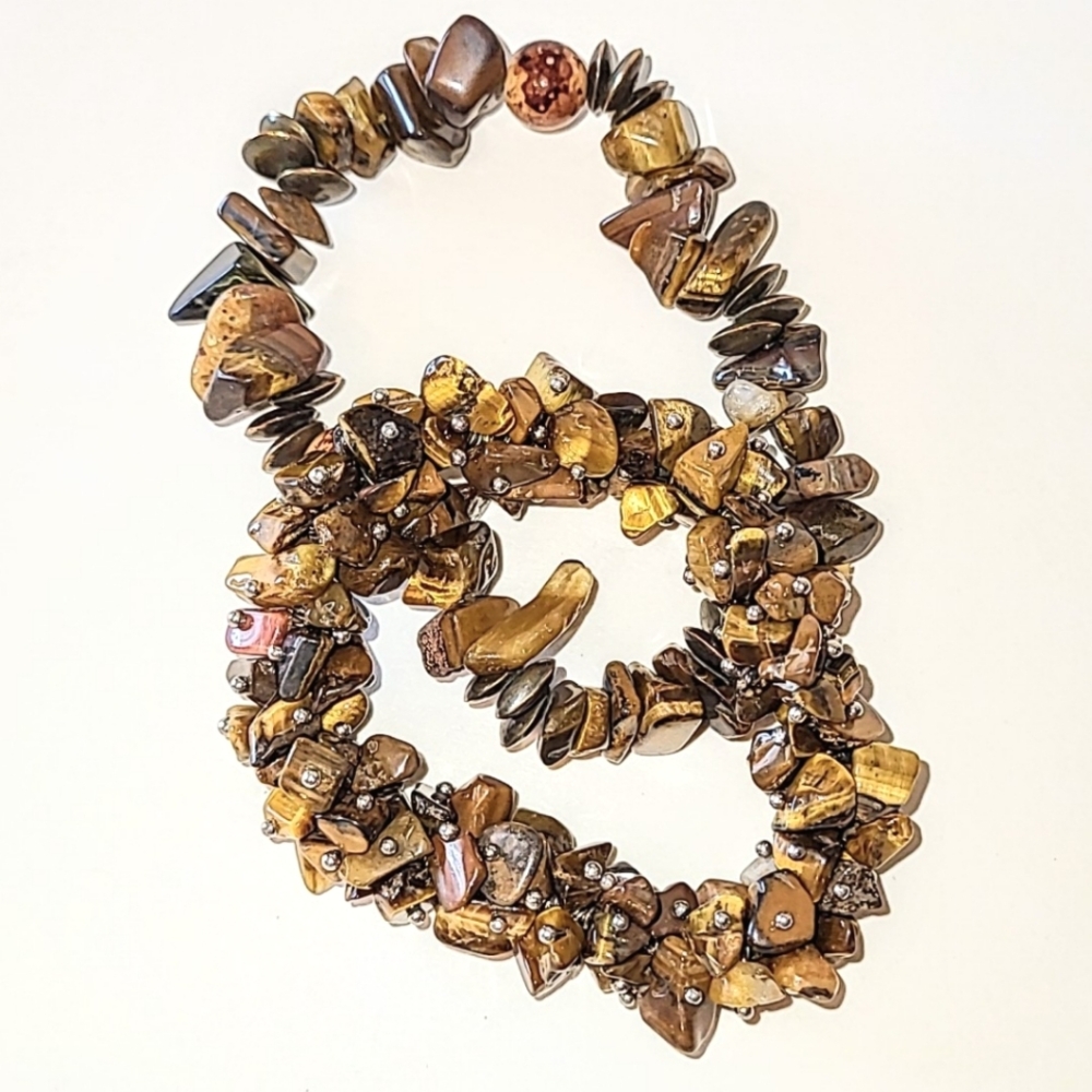 2 TIGER'S EYE STRETCH BRACELETS - GENUINE STONE CHIPS
